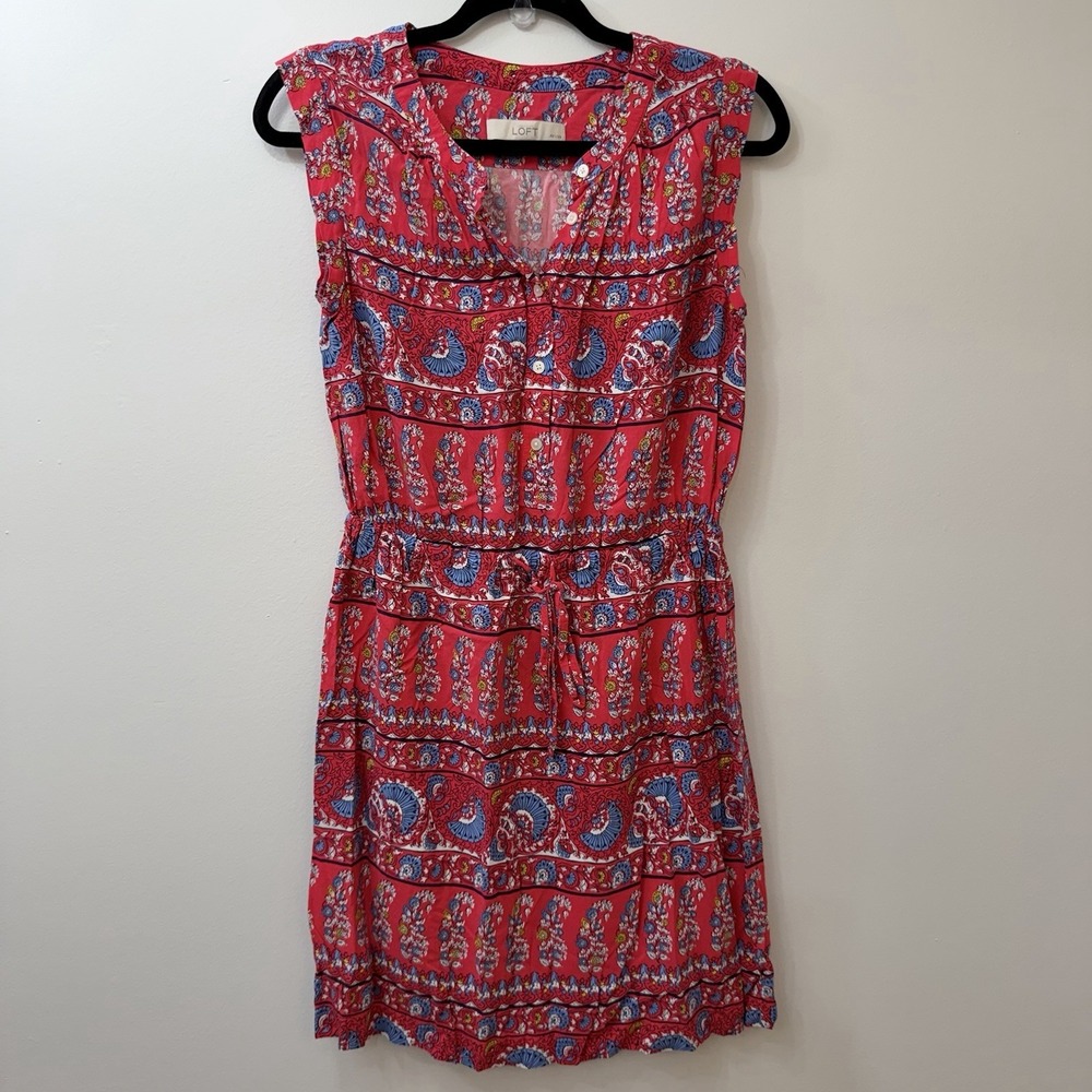 LOFT Red Blue Multi Paisley Floral Print Casual Drawstring Dress SZ S Petite